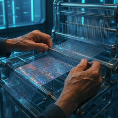 H&auml;nde an modernem, futuristischen Webstuhl mit Glanzf&auml;den