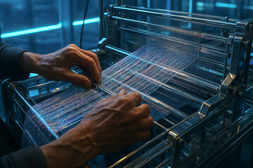 H&auml;nde an modernem, futuristischen Webstuhl mit Glanzf&auml;den