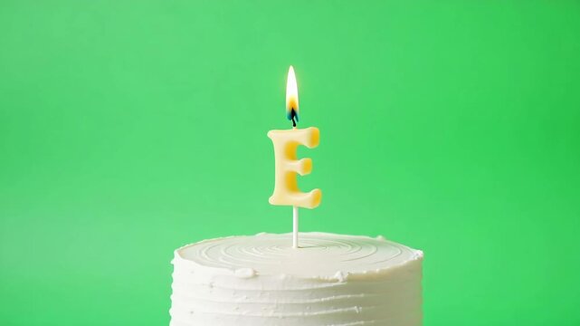 Celebrate milestones with a beautifully frosted cake featuring a single lit letter 'E' candle against a vibrant green backdrop.