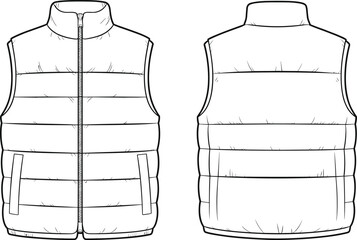 CAD drawing flat vector illustration of sleeveless padded puffer vest front and back view, winter outerwear fashion technical sketch