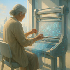 &auml;ltere Frau am Webstuhl mit Energie-Licht in futuristischer Stadt)