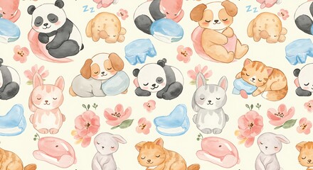 Adorable Pastel Watercolor Baby Animals and Flowers Nursery Pattern.