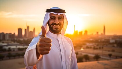 Smiling man in traditional wear gives thumbs up, cityscape sunset backdrop