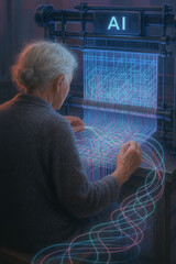 &auml;ltere Frau am Hightech-Webstuhl mit Hologrammen