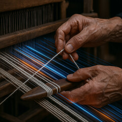 alte H&auml;nde verweben bunte, leuchtende F&auml;den am traditionellen Webstuhl