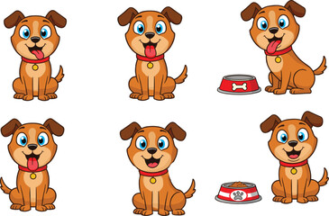 Cartoon brown puppy dogs with red food bowls – cute sitting and happy pet illustrations for kids, books, games, and animation