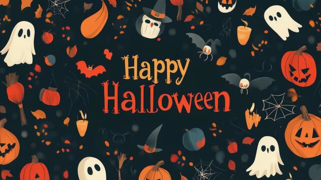 Spooky halloween pattern with ghosts, pumpkins, and bats on dark background