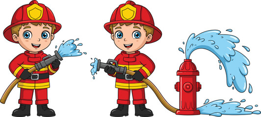 Cartoon firefighter boy with water hose and hydrant – fun fire safety character illustration for kids, books, and educational materials