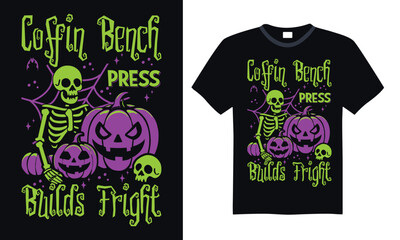 Coffin bench press builds fright - t shirt design Ghostly workout themes with Halloween spirit