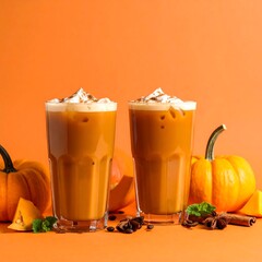 Two iced pumpkin spice drinks on orange background