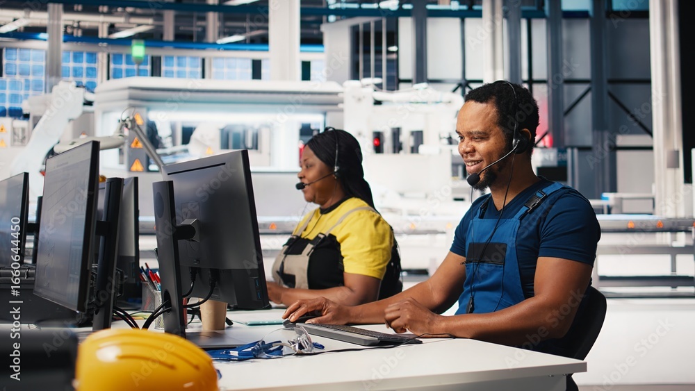Poster engineer provides technical support via headset in solar panel factory, operator assists customers w