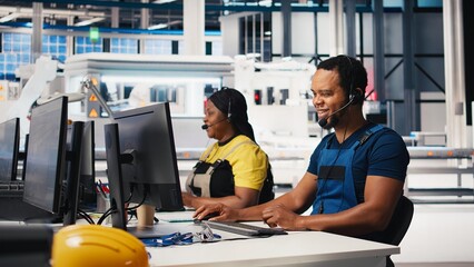 Engineer provides technical support via headset in solar panel factory, operator assists customers with solar equipment issues. Ensuring efficient communication on the helpline. Camera B.