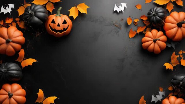 Halloween background with pumpkins and autumn leaves on dark surface