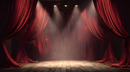 Vector theater stage with red curtains. Revealing curtain red and  comedy, theater show with spotlights. Grand empty theater show performance spotlight stage