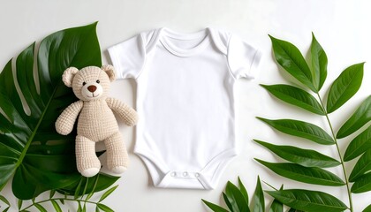 White baby bodysuit mockup, flat lay with teddy bear and tropical leaves