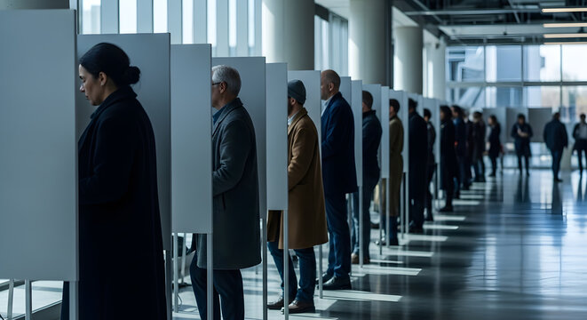 Line of Voters at Polling Booths on Election Day for Democracy and Civic Duty