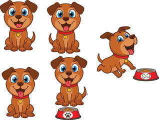 Cute cartoon brown puppy dog with food bowls – happy pet character illustration for kids, games, books, and educational content
