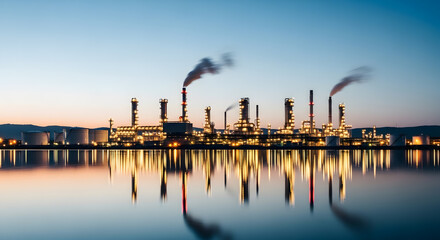 Naklejka premium Nightscape of Oil Refinery Reflecting in Water with Glowing Lights and Smoke Plumes