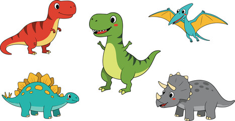 Cute cartoon dinosaur set, colorful prehistoric animals, baby dino vector, smiling dinosaurs illustration, kids dinosaur clipart, fun Jurassic character pack