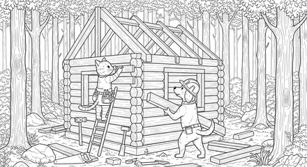 Obraz premium A cat and a dog building a log cabin in the woods in a black and white coloring book style image