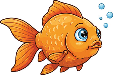 Cute orange goldfish cartoon with big eyes and bubbles, vector illustration for aquatic, fish tank, sea life design, kids art