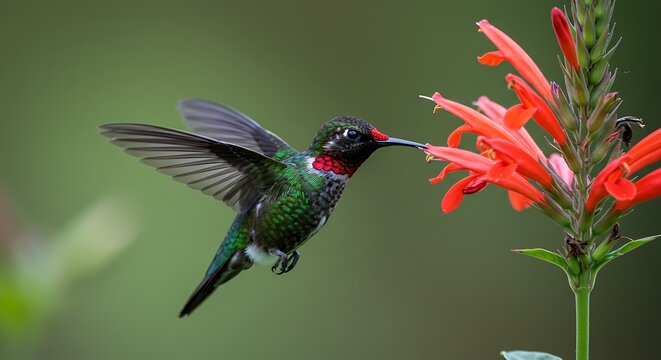 Emerald Jewel in Flight: A Ruby-Throated Hummingbird Sips from a Scarlet Bloom