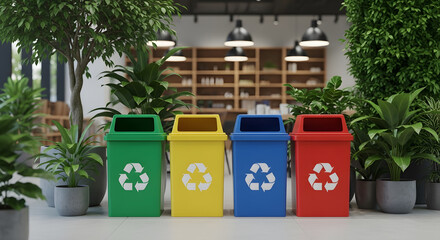 Colorful Recycling Bins Surrounded by Potted Plants for Sustainable Waste Management