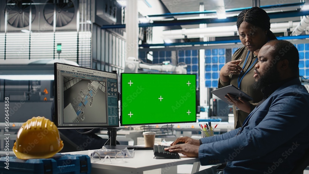 Poster solar power diverse team reviewing insight on pc next to green screen, finding errors during manufac