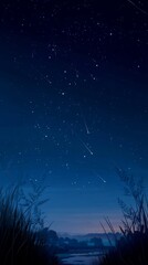 Naklejka premium Shooting stars across deep indigo night sky dreamy and calming vertical mobile wallpaper