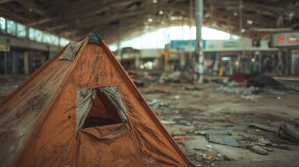 Orange tent pitched in a derelict building, a stark symbol of homelessness