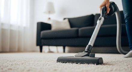 Fototapeta premium Vacuuming Cleaning the Carpet, Maintaining a Tidy Home and Healthy Living Environment
