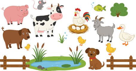 Farm animal cartoon vector illustration with pond, cow, pig, goat, dog, duck, chicken, fish, and green nature