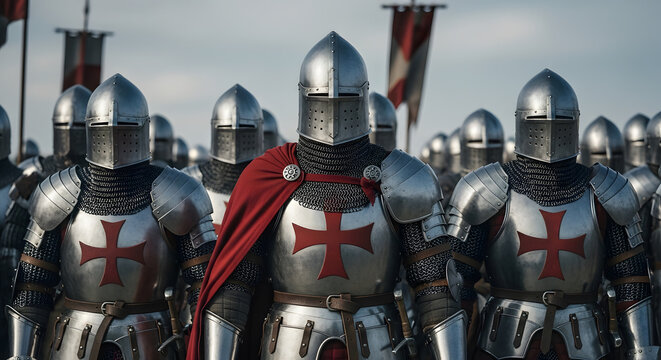 Crusader Army Medieval Knights in Armor Prepare for Battle on the Battlefield