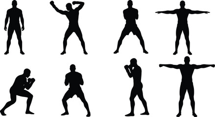 Fighter silhouette poses, martial arts stance, boxing training, male action figure, vector illustration, combat exercise, athletic strong man