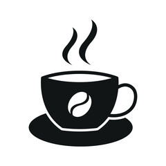 Coffee glass mug icon in bold glyph with steam for beverage, menu, and cafe projects.