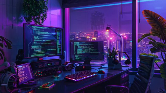 Cyberpunk Hacker Room with Code on Monitors and City View