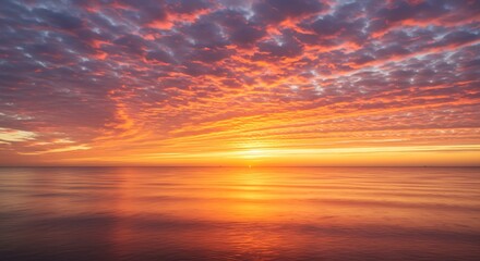 Obraz premium Fiery Sky Ablaze: A Dramatic Altocumulus Sunset Over a Calm Ocean