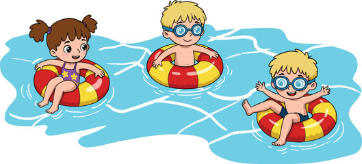 Happy cartoon kids floating on colorful pool tubes, swimming and playing in water, summer vacation fun, children water activity vector