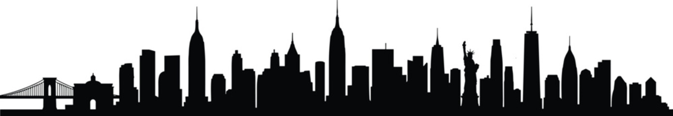 New York City skyline silhouette, urban landscape vector illustration, famous buildings, Statue of Liberty, skyscrapers, cityscape black design © Best_Design