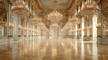 Grand Palace Ballroom Interior Exquisite Gold And White Design Featuring Crystal Chandeliers And Reflective Marble Flooring, Large And Luxurious