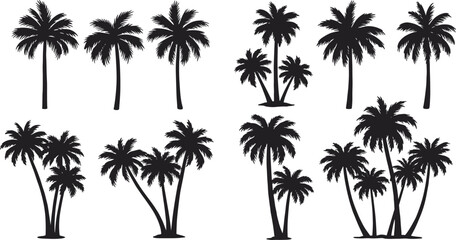 Palm tree silhouette vector set, tropical plant illustrations, summer beach elements, exotic nature design, for decoration, print, or digital use