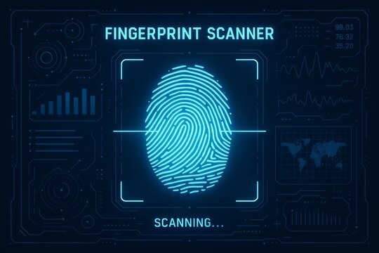 Futuristic fingerprint scanner interface scanning a digital biometric fingerprint for security.