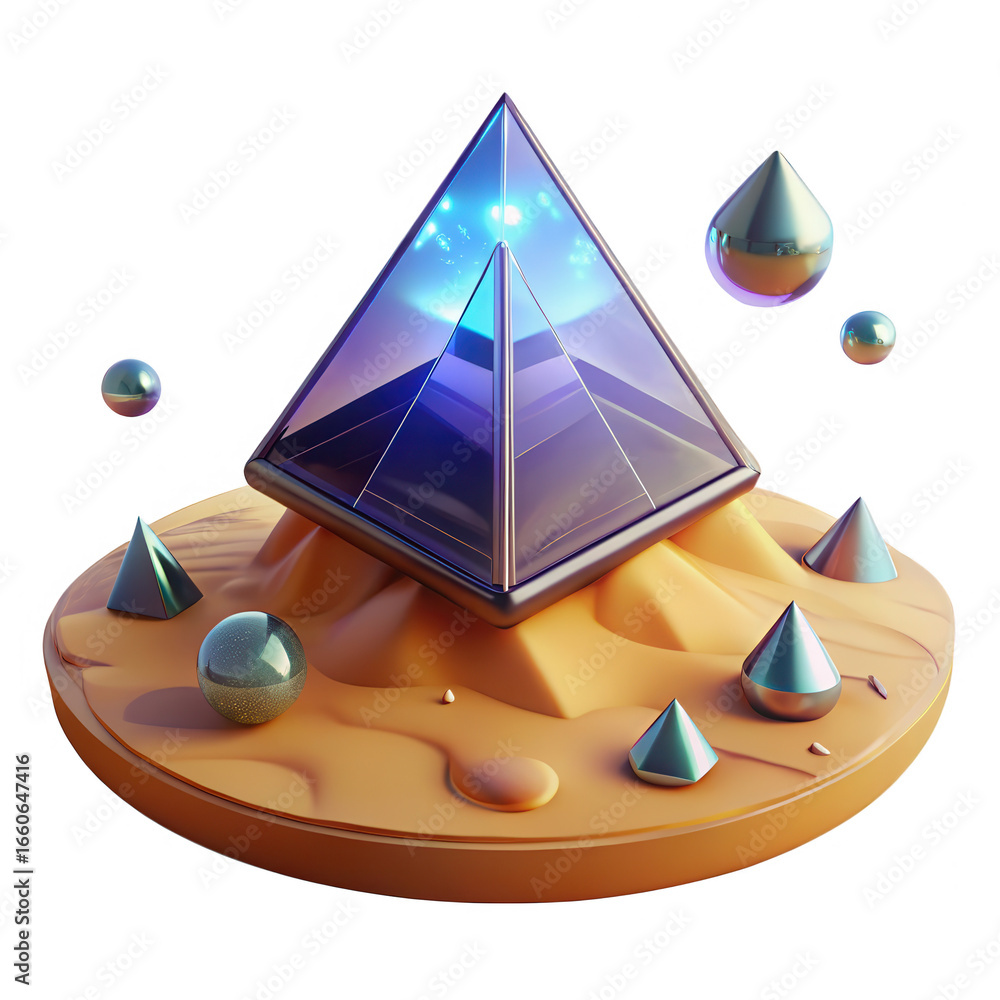 Poster mysterious glowing pyramid on a sandy platform with metallic spheres isolated on transparent backgro