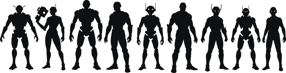 Robot character silhouette vector set, futuristic android warrior poses, cyberpunk sci-fi design, black mechanical figure illustration for tech themes
