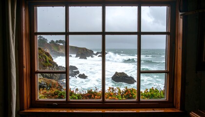 Coastal view through a window on a stormy day