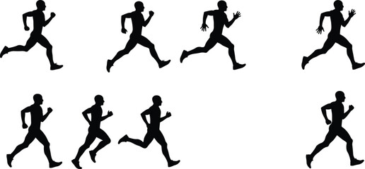Running man silhouette vector illustration, sports motion graphic, sprinting poses, fitness workout, athlete activity design for exercise and training