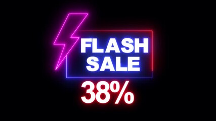 "Glowing Neon Flash Sale Promo Animation with Electric Lightning Bolt, Shiny 38 Percent Discount Offer, Futuristic Neon Lights Shopping Banner and Special Promotion Ad Video"