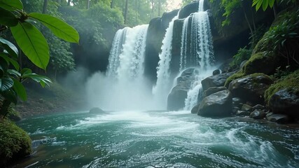 Magical waterfall escape with hand reaching out in lush green forest video for travel vlog or nature documentary with dynamic water and scenic views