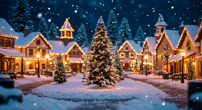 A charming snowy village decorated with Christmas lights at night, magical festive atmosphere
