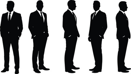Silhouette of business men in suits, standing pose, professional team, corporate dress, leadership concept, vector illustration for business design